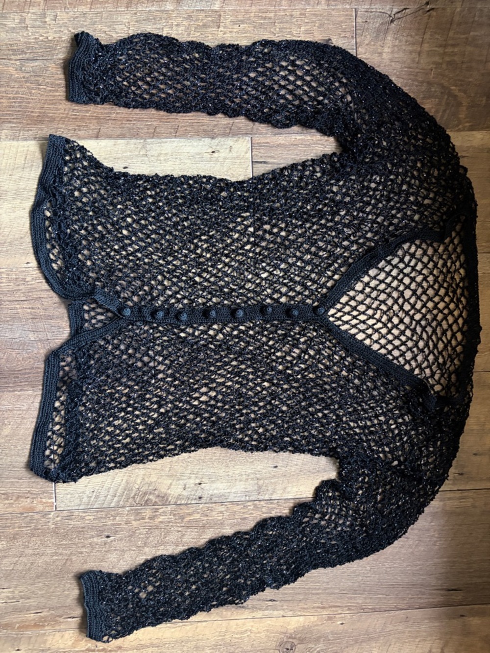 Black Open-Knit Beaded Button-Front Cardigan Sweater